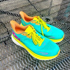 Mens Hoka One One Clifton 9 1127895 CEPR Blue Yellow Running Shoes Size 11EE